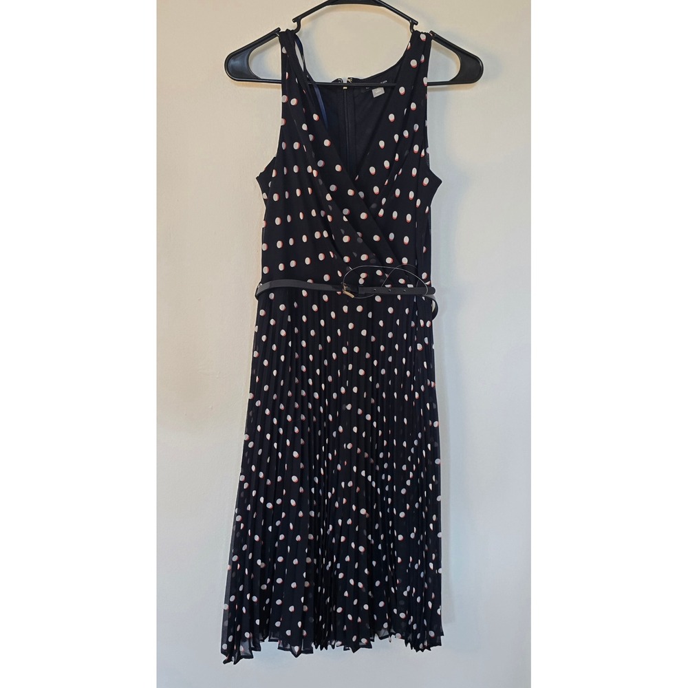 Tommy Hilfiger Dress Blue Sleeveless Dot Womens 4 V Neck Pleated